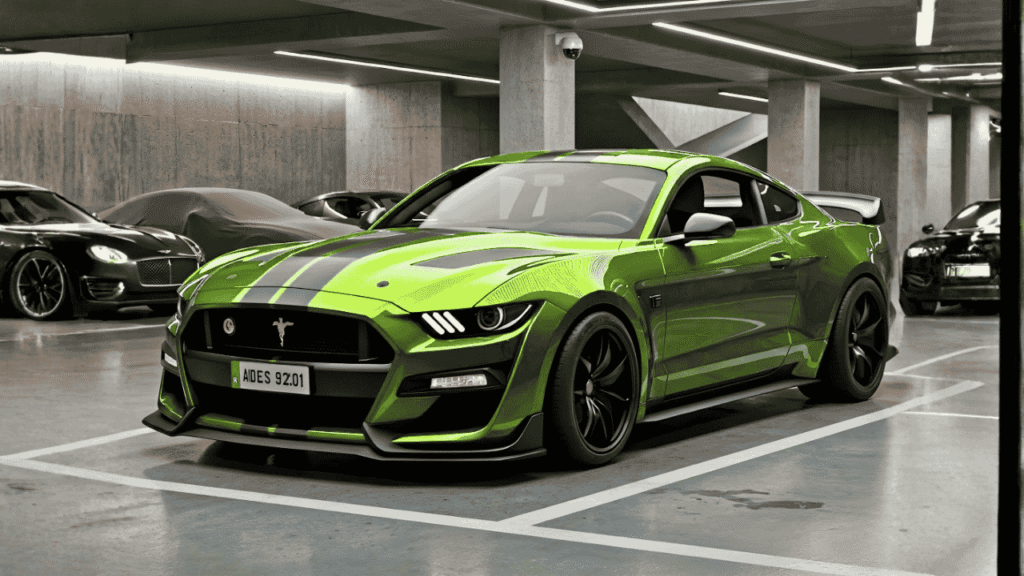 Ford Mustang Shelby GT500 Verde Personalizado: Diseño Deportivo con Rayas de Carreras Negras