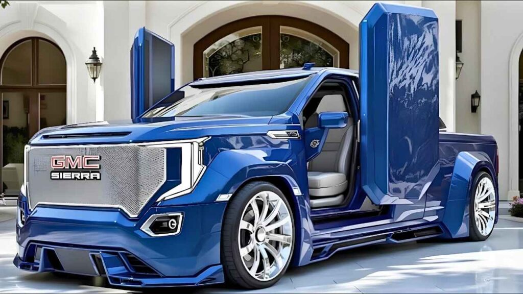 GMC Sierra EV Denali 2026 Concepto: Camioneta eléctrica modificada con puertas tipo ala de gaviota y diseño ancho azul